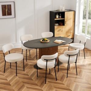 Sweetcrispy Dining Chairs Set of 6, Boucle Upholstered Modern Mid Century Round Kitchen Chairs with Curved Backrest & Metal Legs for Vanity, Living Room - Classic Beige