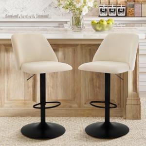 COLAMY Bar Stools Set of 2, Modern Swivel Bar Chairs, Adjustable Upholstered Barstools Counter Height with Full Backrest for Bar, Dining Room, Kitchen Island, Beige