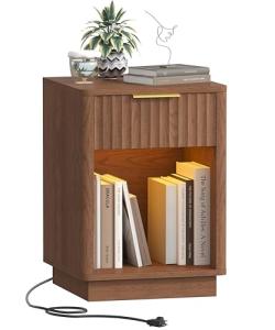 Akxomel Fluted Nightstand, Wooden Night Stand with Charging Station and LED Light, Modern Mid Century End Table with Drawer, 15" D x 15.7" W x 22.6" H, for Bedroom, Walnut