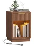 Akxomel Fluted Nightstand, Wooden Night Stand with Charging Station and LED Light, Modern Mid Century End Table with Drawer, 15" D x 15.7" W x 22.6" H, for Bedroom, Walnut