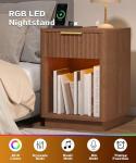 Akxomel Fluted Nightstand, Wooden Night Stand with Charging Station and LED Light, Modern Mid Century End Table with Drawer, 15" D x 15.7" W x 22.6" H, for Bedroom, Walnut