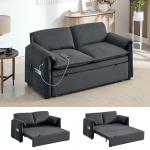 Hatppto 63" Velvet Pull Out Couch, 3 in 1 Convertible Sleeper Sofa Bed with Adjustable Backrest, Modern Loveseat Sleeper Sofa with USB & Side Pockets for Living Room, Bedroom, Apartment, Dark Grey