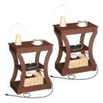 MAHANCRIS End Table set of 2 with Charging Station, Side Table with USB Ports and Outlets, Nightstand, 3 Tier Bedside Table with Storage Shelf for Living Room, Bedroom, small space, Cherry ETWA53E01S2