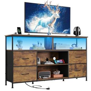 WLIVE TV Stand Dresser for 50,55,60 inch TV, Entertainment Center with LED Lights & Fabric Drawers, Dresser TV Stand for Bedroom and Living Room with Open Shelves, Rustic Brown