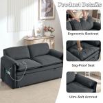 Hatppto 63" Velvet Pull Out Couch, 3 in 1 Convertible Sleeper Sofa Bed with Adjustable Backrest, Modern Loveseat Sleeper Sofa with USB & Side Pockets for Living Room, Bedroom, Apartment, Dark Grey