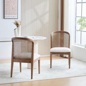 Christopher Knight Home Lilia Dining Chairs Set of 2, Modern Dining Chair with Fabric Upholstery, Rubberwood Frame Kitchen Chairs with Cane Webbing, Extra Seat for Dining Room, Beige + Walnut