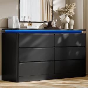 6 Drawer Dresser for Bedroom, 47.2" Long Black Chest of Drawers with Charging Station & LED Lights,Curved Profile Design,Double Wooden Closet Storage Cabinet,Modern Dresser TV Stand with Deep Drawers