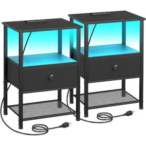 LOAKEKEL Night Stand Set 2, LED Nightstand with Charging Station, End Tables Living Room with Fabric Drawer, Small Bed Side Tables for Bedroom, Small Space, Black, HETS01BK