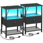 LOAKEKEL Night Stand Set 2, LED Nightstand with Charging Station, End Tables Living Room with Fabric Drawer, Small Bed Side Tables for Bedroom, Small Space, Black, HETS01BK