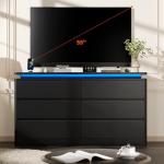 6 Drawer Dresser for Bedroom, 47.2" Long Black Chest of Drawers with Charging Station & LED Lights,Curved Profile Design,Double Wooden Closet Storage Cabinet,Modern Dresser TV Stand with Deep Drawers