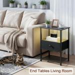 LOAKEKEL Night Stand Set 2, LED Nightstand with Charging Station, End Tables Living Room with Fabric Drawer, Small Bed Side Tables for Bedroom, Small Space, Black, HETS01BK
