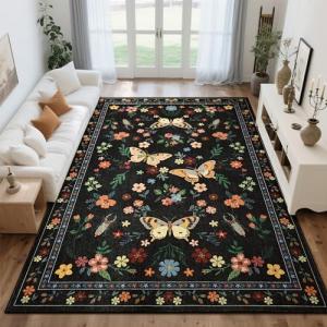 Tepook 5x7 Print Area Rugs for Living Room, Washable Non-Slip Butterfly Floral Rug for Bedroom, Low Pile Modern Rugs Throw Carpet with Rubber Backing for Dining Room Kitchen Office, Black