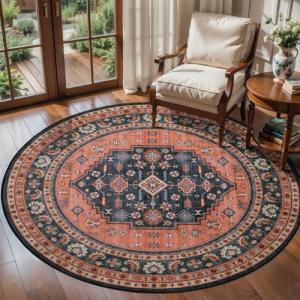 Tangsoo Vintage 4ft Round Area Rug,Washable Circle Rug Small Boho Round Rug Soft Red Blue Low-Pile Circular Carpet for Bedroom Entryway Kids Room Office College Dorm Living Room