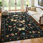 Tepook 5x7 Print Area Rugs for Living Room, Washable Non-Slip Butterfly Floral Rug for Bedroom, Low Pile Modern Rugs Throw Carpet with Rubber Backing for Dining Room Kitchen Office, Black