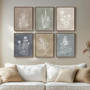 Framed Boho Botanical Wall Art for Living Room, Set of 6 Modern Farmhouse Rustic Floral Canvas Painting Prints, Vintage Minimalist Neutral Flower Artwork for Bedroom Kitchen Hallway Wall Decor, 11x14