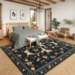 Tepook 5x7 Print Area Rugs for Living Room, Washable Non-Slip Butterfly Floral Rug for Bedroom, Low Pile Modern Rugs Throw Carpet with Rubber Backing for Dining Room Kitchen Office, Black