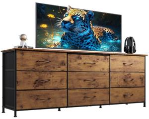 WLIVE 63''W Dresser for Bedroom, Dresser TV Stand for 65, 70, 75 inch TV, Wide Chest of Drawers with 9 Drawer, Large Entertainment Center, Fabric Dressers with Wood Top for Living Room, Rustic Brown