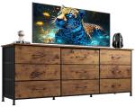 WLIVE 63''W Dresser for Bedroom, Dresser TV Stand for 65, 70, 75 inch TV, Wide Chest of Drawers with 9 Drawer, Large Entertainment Center, Fabric Dressers with Wood Top for Living Room, Rustic Brown