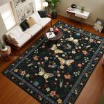 Tepook 5x7 Print Area Rugs for Living Room, Washable Non-Slip Butterfly Floral Rug for Bedroom, Low Pile Modern Rugs Throw Carpet with Rubber Backing for Dining Room Kitchen Office, Black