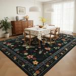 Tepook 5x7 Print Area Rugs for Living Room, Washable Non-Slip Butterfly Floral Rug for Bedroom, Low Pile Modern Rugs Throw Carpet with Rubber Backing for Dining Room Kitchen Office, Black