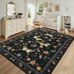 Tepook 5x7 Print Area Rugs for Living Room, Washable Non-Slip Butterfly Floral Rug for Bedroom, Low Pile Modern Rugs Throw Carpet with Rubber Backing for Dining Room Kitchen Office, Black