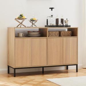 Mericonia Farmhouse Buffet Sideboard Cabinet with Storage, Fluted Coffee Bar with Doors and Adjustable Shelves, Modern Wood Console Cabinet for Kitchen, Livingroom (Fluted 4 Door, Natural)