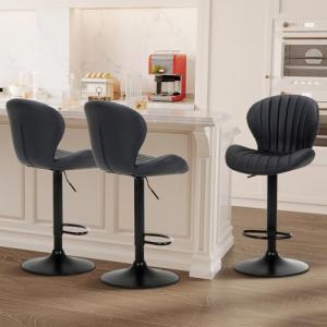 COLAMY Bar Stools Set of 3, Adjustable Modern Swivel Bar Chairs, Faux Leather Upholstered Barstools Counter Height with High Backrest for Bar, Kitchen Island, Dining Room, Black