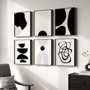 Framed Boho Black and White Abstract Wall Art, Set of 6 Modern Canvas Prints Paintings Artwork for Walls, Minimalist Geometric Pictures for Living Room Bedroom Office Bathroom Wall Decor 11x14 Inch