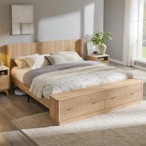 T4TREAM Fluted King Size Bed Frame with Wingback Headboard, Footboard Storage Bench with Built-in Drawers & Lift-Up Compartments, Wood & Steel Platform Bed, No Box Spring Needed, Natural Oak