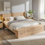 T4TREAM Fluted King Size Bed Frame with Wingback Headboard, Footboard Storage Bench with Built-in Drawers & Lift-Up Compartments, Wood & Steel Platform Bed, No Box Spring Needed, Natural Oak