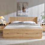 T4TREAM Fluted King Size Bed Frame with Wingback Headboard, Footboard Storage Bench with Built-in Drawers & Lift-Up Compartments, Wood & Steel Platform Bed, No Box Spring Needed, Natural Oak