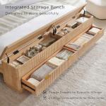 T4TREAM Fluted King Size Bed Frame with Wingback Headboard, Footboard Storage Bench with Built-in Drawers & Lift-Up Compartments, Wood & Steel Platform Bed, No Box Spring Needed, Natural Oak