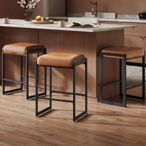 VASAGLE EKHO Collection - Bar Stools Set of 3, Counter Height Bar Stools, Synthetic Leather with Stitching, Mid-Century Modern Counter Stools, 26-Inch Tall, Kichen Home Bar Dining Room, Caramel Brown