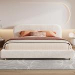 Merax King Size Teddy Fleece Thick Fabric Upholstered Platform Bed with Curved Shaped Headboard, Wood Bed Frame with Solid Round Legs for Kids Teens Adults, White