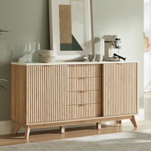 T4TREAM Fluted Buffet Cabinet, 60" Modern Sideboard with Sliding Doors & 4 Drawers, Coffee Bar Table with Storage, Faux Marble Top and Curved Profile Design for Dining Room, Living Room, Natural Oak