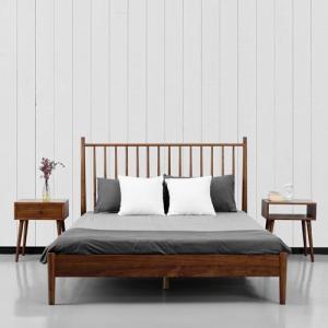 NTC Inno Wooden Bed Frame with Headboard, Solid Oak and Rubber Wood Foundation with Silent Slats and Wood Central Supports, 1000 Lb Capacity, Effortless Assembly, Queen - Dark Walnut