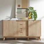 T4TREAM Fluted Buffet Cabinet, 60" Modern Sideboard with Sliding Doors & 4 Drawers, Coffee Bar Table with Storage, Faux Marble Top and Curved Profile Design for Dining Room, Living Room, Natural Oak