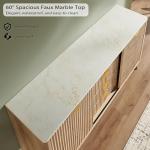 T4TREAM Fluted Buffet Cabinet, 60" Modern Sideboard with Sliding Doors & 4 Drawers, Coffee Bar Table with Storage, Faux Marble Top and Curved Profile Design for Dining Room, Living Room, Natural Oak