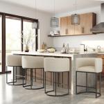 KRAMZMING Counter Height Bar Stools Set of 3, 24 Inch Seat Height Barstools for Dining Room, Fabric Upholstered Bar Chair for Kitchen Island, Linen Counter Stools with Metal Legs, Beige