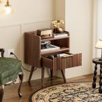 Huuger Nightstand with Charging Station, USB-C Port, Fluted Night Stand Set of 2, Bed Side Table with Drawer, Solid Wood Feet, Open Storage, End Table with Raised Edge, for Bedroom, Walnut