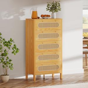 YITAHOME 47" Tall Buffet Sideboard Cabinet 5 Drawer Dresser, Boho Chest of Drawers with Golden Handles, Wood Storage Cabinet for Hallway, Entryway, Hold up to 300lbs - Oak