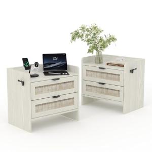 Rattan Nightstand Set of 2, Bedside Table, Modern Night Stand with Type-C Charging Station, 2 Drawer Storage Space, with Hook Included, Suitable for Bedroom, Office as a End Table, Side Tables