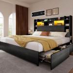YITAHOME King Size Bed Frame with Bookcase Headboard and 4 Storage Drawers, RGB LED Bed Frame with Type-C & USB Charging Station Storage Headboard Beds, No Box Spring Needed, Noise Free, Black