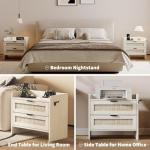 Rattan Nightstand Set of 2, Bedside Table, Modern Night Stand with Type-C Charging Station, 2 Drawer Storage Space, with Hook Included, Suitable for Bedroom, Office as a End Table, Side Tables