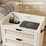 Rattan Nightstand Set of 2, Bedside Table, Modern Night Stand with Type-C Charging Station, 2 Drawer Storage Space, with Hook Included, Suitable for Bedroom, Office as a End Table, Side Tables