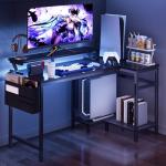 DUMOS Gaming Desk, Computer Desk with USB Charging Ports, Power Outlets, Type-C and LED Lights, Reversible L Shaped Desk with Storage Shelves & Monitor Stand for Office, Gaming Room Black 40IN