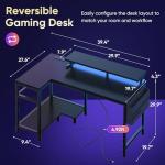DUMOS Gaming Desk, Computer Desk with USB Charging Ports, Power Outlets, Type-C and LED Lights, Reversible L Shaped Desk with Storage Shelves & Monitor Stand for Office, Gaming Room Black 40IN