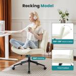 OLIXIS Criss Cross Chair with Wheels, Armless Wide Cross Legged Vanity Office Desk Chair with Comfy PU Leather& Back - Swivel for Home Office Bedroom, Beige