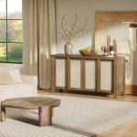 Yechen Buffet Cabinet with Storage, 63" Wide Sideboard with Solid Wood Handles and Rattan Look Accent Doors, Flexible Shelves, for Living Room, Kitchen, Natural Walnut