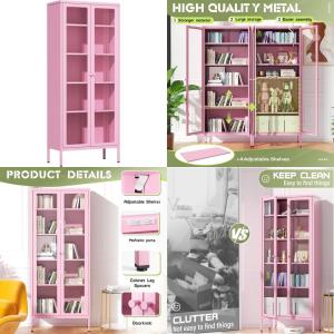 crownland metal storage cabinet with glass doors, display curio glass cabinet with 4 adjustable shelves, tall modern office stor